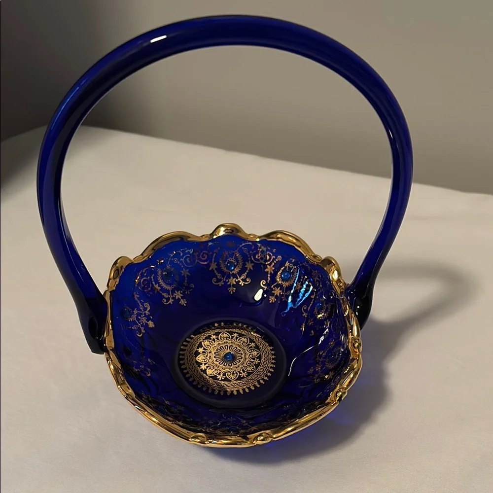 Gorgeous 1960’s Cobalt Blue Glass Basket w/Gold Gilded Decor&Cobalt Blue Beading
